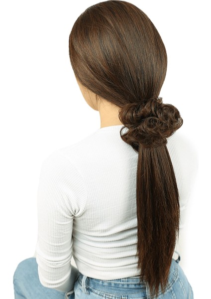 Saçlı Lastikli Topuz Toka - Kahve Karamel