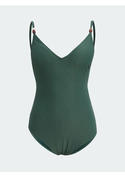 Yeni Sezon V Yaka Kendinden Desenli Kadın Mayo