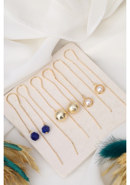 Renkli Inci ve Akik Toplu Zincirli 3 Çift Şık Küpe Takımı