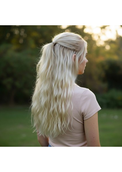 Fiber Sentetik Kabarık Dalgalı Yarım Ay + 2 Yan Çıt Çıt - Açık Platin