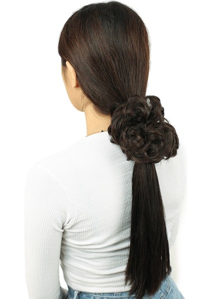 Yoğun Saçlı Lastikli Topuz Toka - Açık Kahve