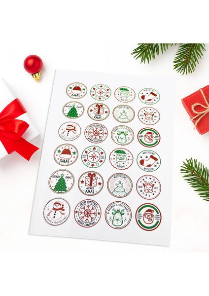 Yılbaşı Temalı Karışık Model 24’lü Kare Etiket Seti 42X42 mm – Merry Christmas Sticker Beyaz