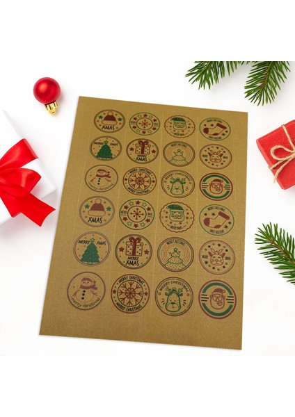 Yılbaşı Temalı Karışık Model 24’lü Orjinal Kraft Etiket Seti 42X42 mm – Merry Christmas Sticker