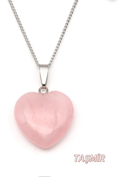 Pembe Kuvars Kalp Doğal Taş Kolye, Şık ve Enerjik Bir Takı Seçeneği.