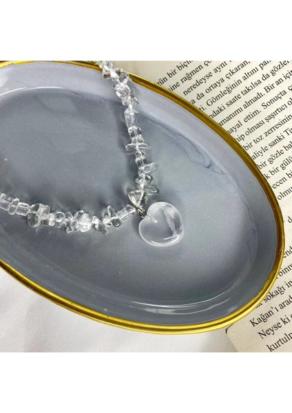 Beyaz Kristal Kuvars Kalp Uçlu Doğal Taş Kolye