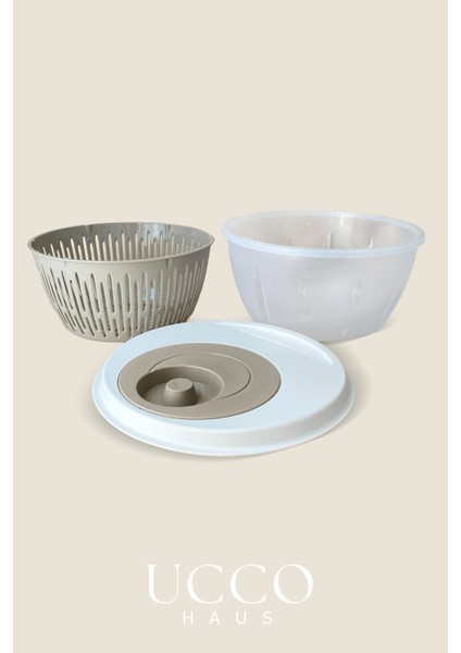 Bej Pratik Salata Kurutucu Sebze Kurutma Kabı Süzgeçli Dönme Mekanizmalı Mutfak Yardımcısı