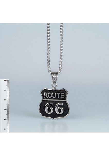 316 L Route 66 Sembol Çelik Kolye, Unisex, Kararmayan, 33 cm Zincir