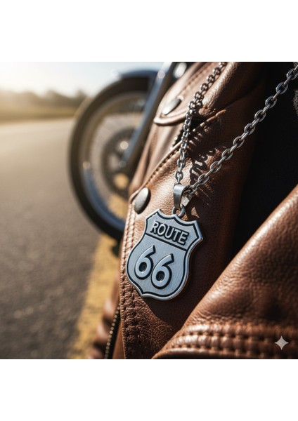 316 L Route 66 Sembol Çelik Kolye, Unisex, Kararmayan, 33 cm Zincir