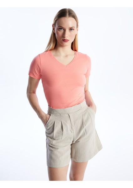 Yeni Sezon V Yaka Düz Kısa Kollu Kadın Tişört