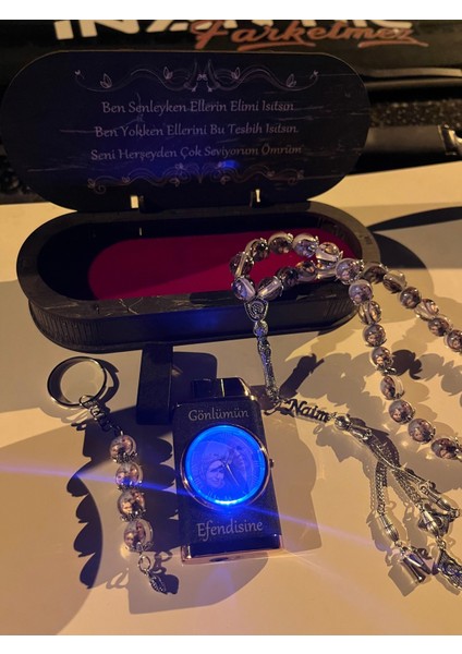 El Yapımı Epoksi Resimli Tesbih ve Çakmak Seti, Şık Ahşap Kutu ile Birlikte modelleri