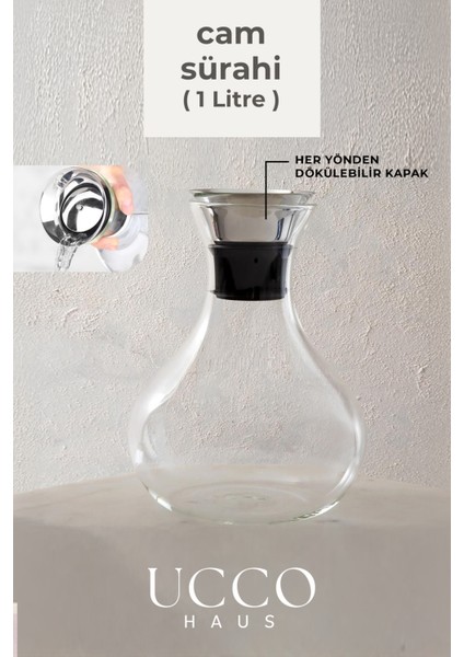 Premium Borosilikat Cam Sürahi 1 Litre – Sihirli Kapaklı Şık Cam Sürahi & Elegant Şarap Karafı
