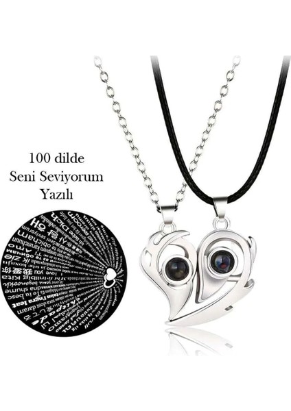 Iki Dilde Seni Seviyorum Kalpli Çift Kolye, Gümüş, Mıknatıslı, Şık ve Anlamlı Takı