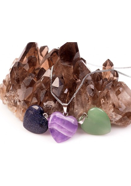 Üç Adet Renkli Doğal Taş Kalp Kolye, Küçük Boy, Dayanıklı Zincirli