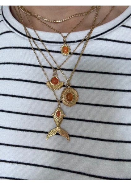 Turuncu Taşlı Vintage Güneş Figürlü Şık Çelik Kolye fırsatları