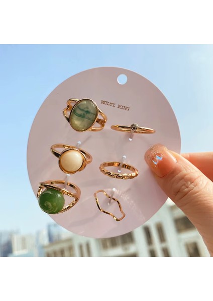 Doğal Taşlı Vintage 6'lı Yüzük Seti, Mavi, Yeşil, Krem Renkler, Bohem Şıklık