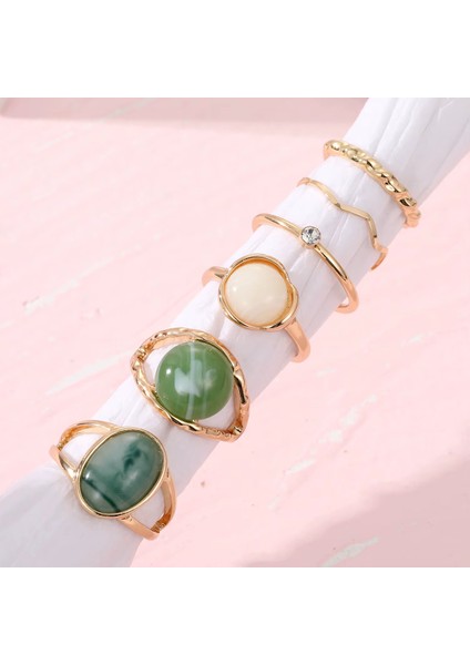 Doğal Taşlı Vintage 6'lı Yüzük Seti, Mavi, Yeşil, Krem Renkler, Bohem Şıklık fiyatları