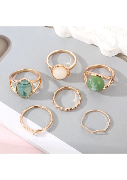 Doğal Taşlı Vintage 6'lı Yüzük Seti, Mavi, Yeşil, Krem Renkler, Bohem Şıklık modelleri
