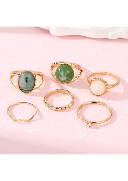 Doğal Taşlı Vintage 6'lı Yüzük Seti, Mavi, Yeşil, Krem Renkler, Bohem Şıklık fırsatları