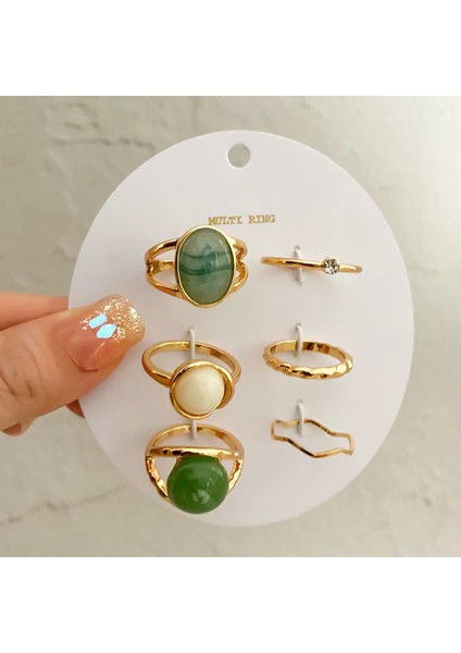Doğal Taşlı Vintage 6'lı Yüzük Seti, Mavi, Yeşil, Krem Renkler, Bohem Şıklık indirimleri