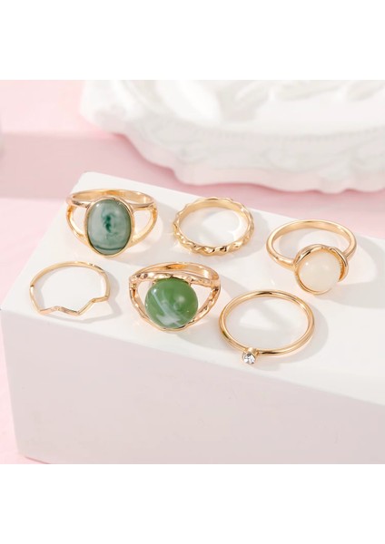 Doğal Taşlı Vintage 6'lı Yüzük Seti, Mavi, Yeşil, Krem Renkler, Bohem Şıklık
