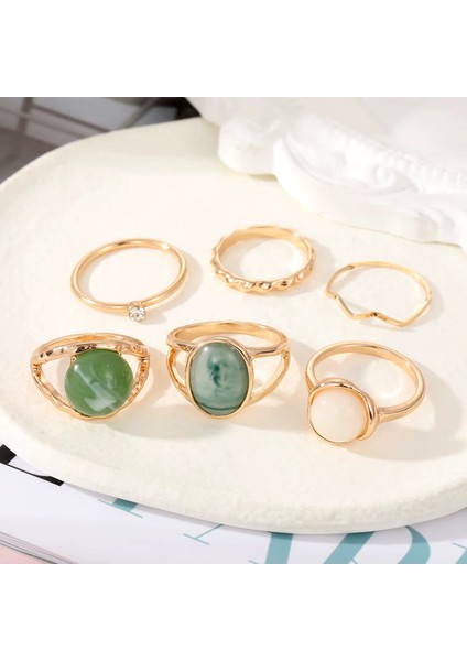 Doğal Taşlı Vintage 6'lı Yüzük Seti, Mavi, Yeşil, Krem Renkler, Bohem Şıklık