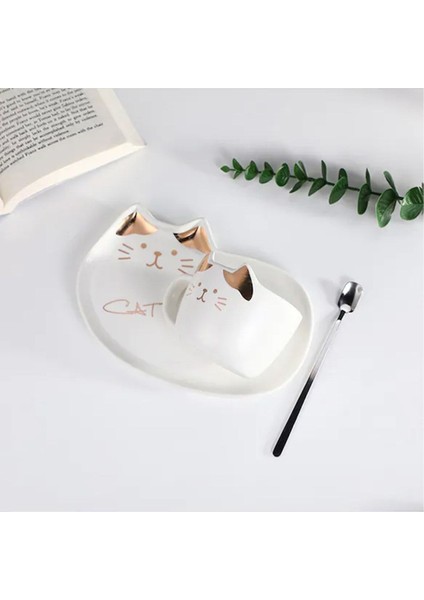 Gri Kedi Desenli Sunum Tabaklı Kupa Bardak, Şık ve Kullanışlı Ev Dekoru Seçeneği