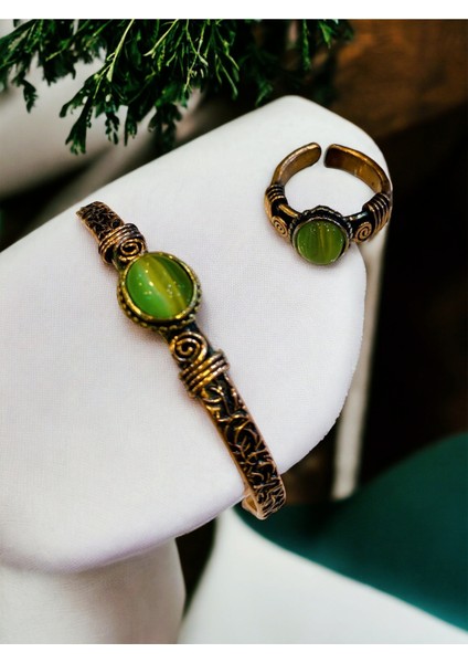 Yeşil Doğal Taş Saf Bakır Şık Bileklik ve Yüzük Takımı