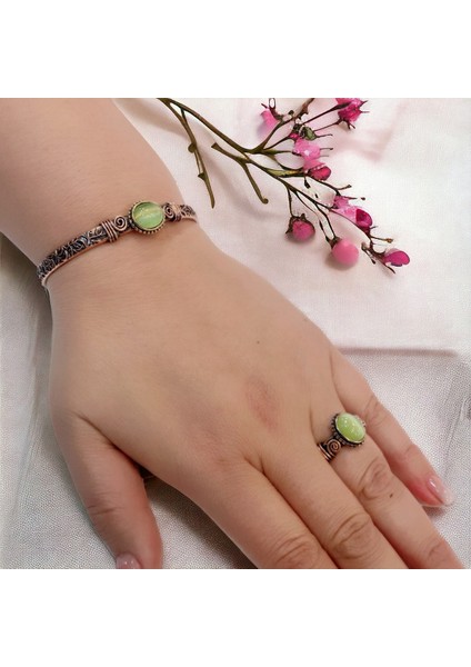 Yeşil Doğal Taş Saf Bakır Şık Bileklik ve Yüzük Takımı fiyatları