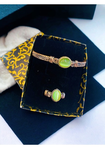 Yeşil Doğal Taş Saf Bakır Şık Bileklik ve Yüzük Takımı fırsatları