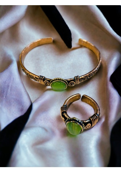Yeşil Doğal Taş Saf Bakır Şık Bileklik ve Yüzük Takımı indirimleri