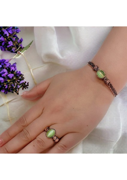 Yeşil Doğal Taş Saf Bakır Şık Bileklik ve Yüzük Takımı