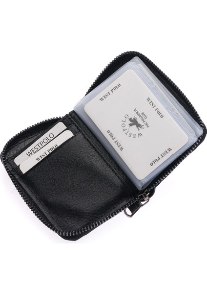 Hakiki Deri Bol Şeffaf Kart Bölmeli Fermuarlı Unisex Cüzdan - Siyah modelleri