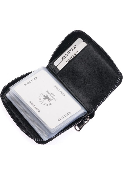 Hakiki Deri Bol Şeffaf Kart Bölmeli Fermuarlı Unisex Cüzdan - Siyah indirimleri