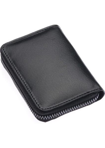 Hakiki Deri Bol Şeffaf Kart Bölmeli Fermuarlı Unisex Cüzdan - Siyah