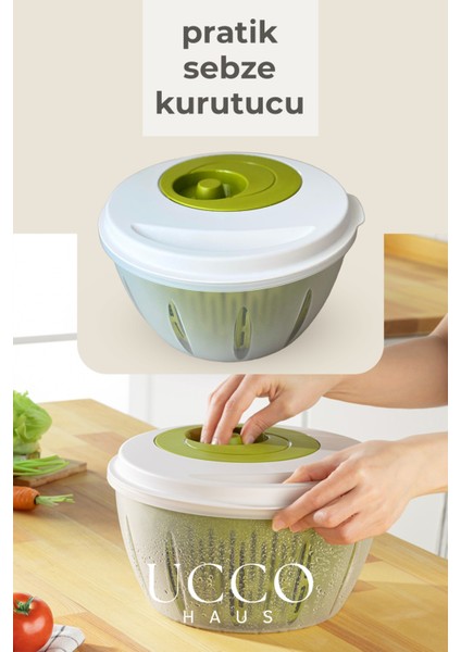 Yeşil Pratik Salata Kurutucu Sebze Kurutma Kabı Süzgeçli Dönme Mekanizmalı Mutfak Yardımcısı