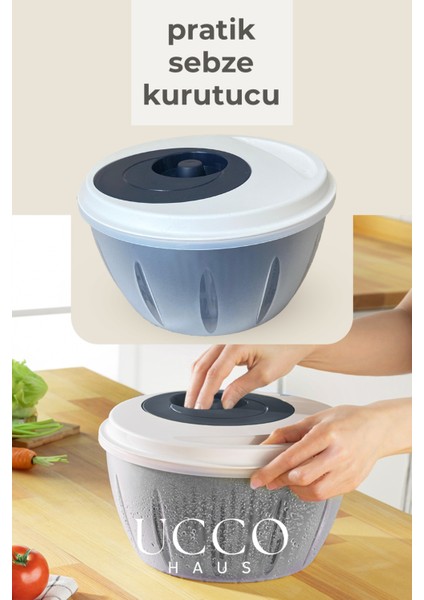 Indigo Pratik Salata Kurutucu Sebze Kurutma Kabı Süzgeçli Dönme Mekanizmalı Mutfak Yardımcısı