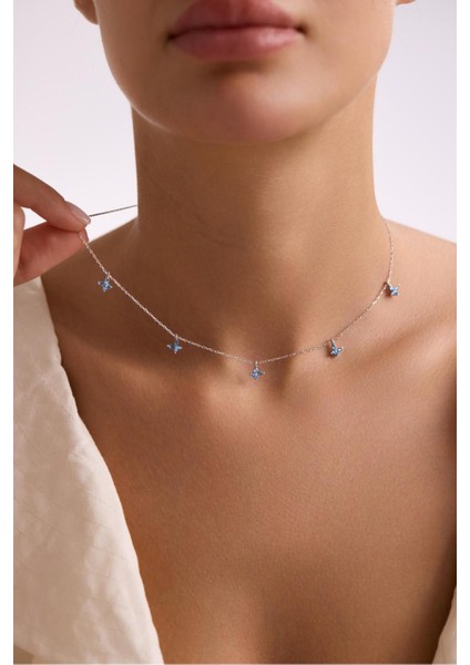 925 Ayar Gümüş Rodyum Kaplama Aquamarin Taşlı Kelebek Kolye