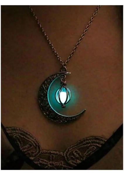 Fosforlu Doğal Taş Ay Hilal Kolye, Gece Parlayan Şık Takı.