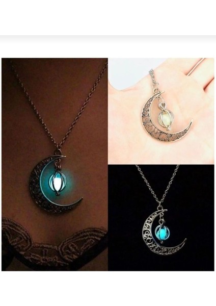 Fosforlu Doğal Taş Ay Hilal Kolye, Gece Parlayan Şık Takı. fırsatları