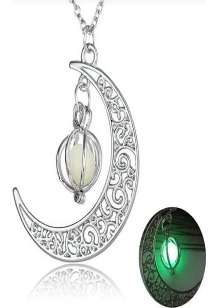 Fosforlu Doğal Taş Ay Hilal Kolye, Gece Parlayan Şık Takı.