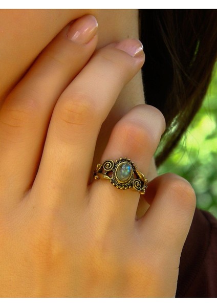 Doğal Taş Labradorit Antik Işlemeli Ayarlanabilir Kadın Yüzük