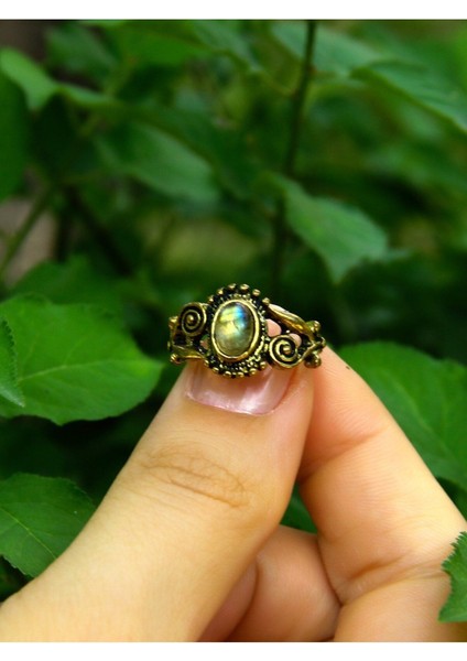 Doğal Taş Labradorit Antik Işlemeli Ayarlanabilir Kadın Yüzük modelleri