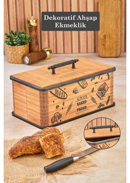 Ahşap Kapaklı Ekmeklik, Tasarımlı Doğal Saklama Kutusu, Kulplu, Dekoratif Sepet