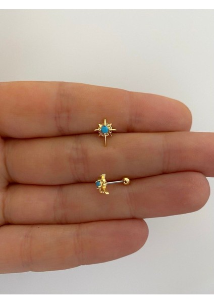 Renkli Taşlı Cerrahi Çelik Kulak Piercingi, Şık ve Uyumlu Tasarım