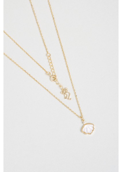 Deniz Kabuğu Detaylı 45 cm Gümüş Kolye, 18 Ayar Sarı Altın Kaplama