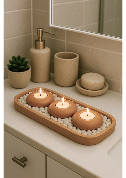 Doğal Ahşap 3'lü Mumluk Seti, Dikdörtgen Tepsili, Taşlı, Minimal Tasarım fiyatları