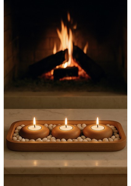 Doğal Ahşap 3'lü Mumluk Seti, Dikdörtgen Tepsili, Taşlı, Minimal Tasarım modelleri