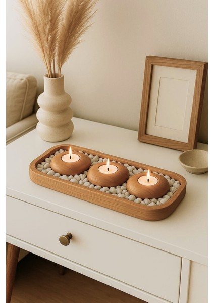 Doğal Ahşap 3'lü Mumluk Seti, Dikdörtgen Tepsili, Taşlı, Minimal Tasarım fırsatları