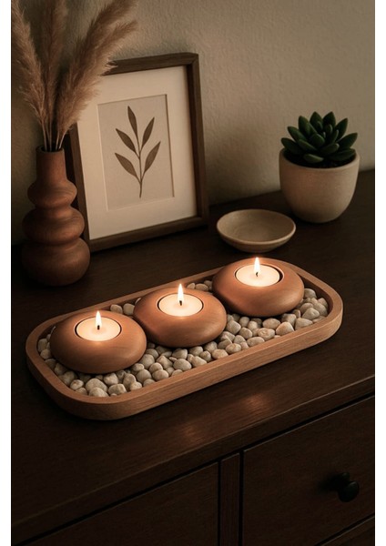 Doğal Ahşap 3'lü Mumluk Seti, Dikdörtgen Tepsili, Taşlı, Minimal Tasarım indirimleri