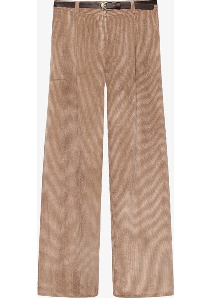 Kemerli Fitilli Kadife Bol Paça Pantolon Camel